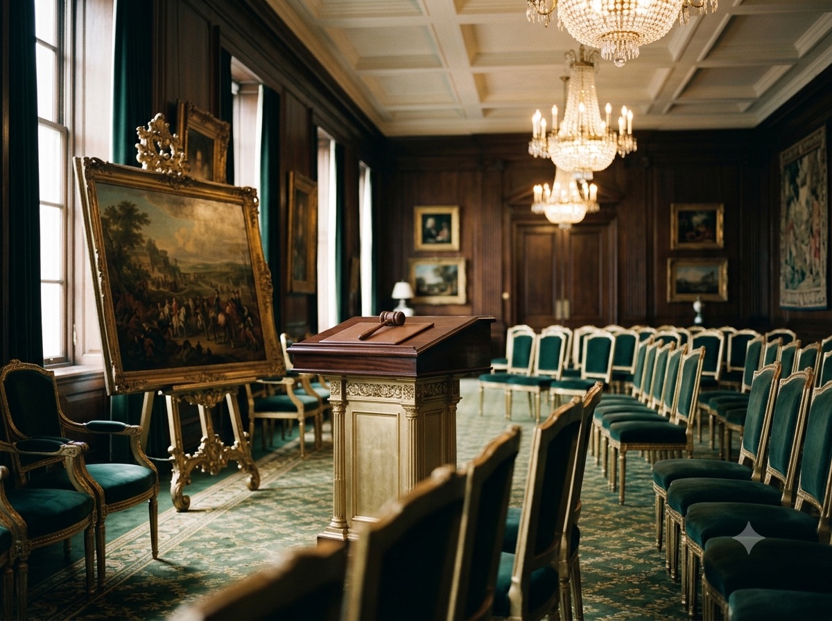 Elegant auktionssal med forgyldte stole og klassisk oliemaleri