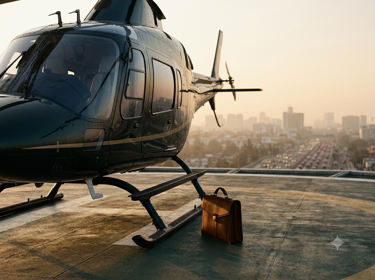 Helikopter på helipad ved daggry med morgentrafik i baggrunden