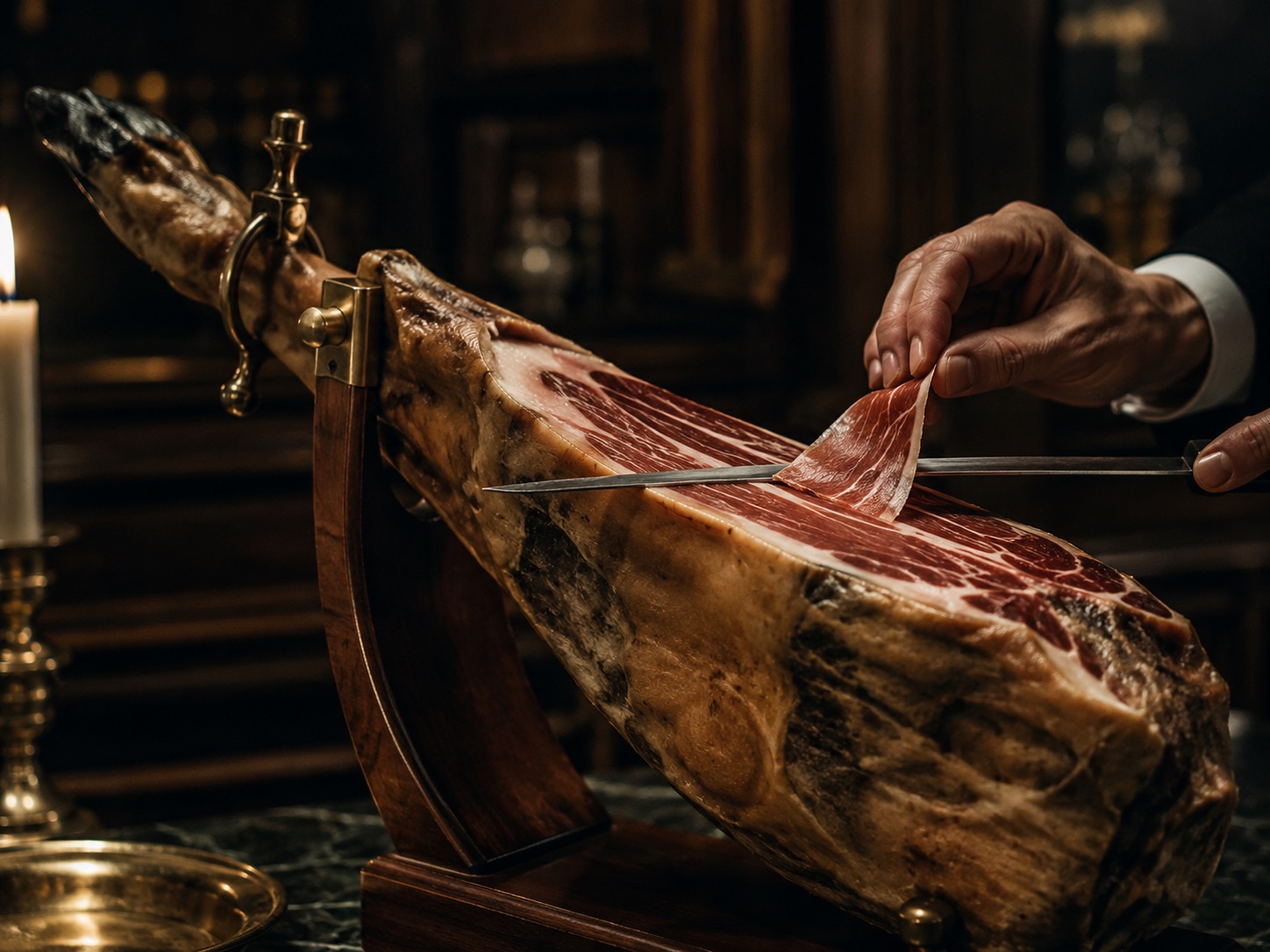 Cortador skærer papirtynde skiver af jamón ibérico-skinke