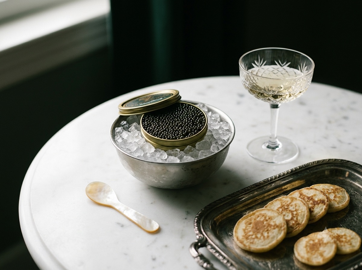 Dåse beluga-kaviar på knust is med blinis og perlemorske