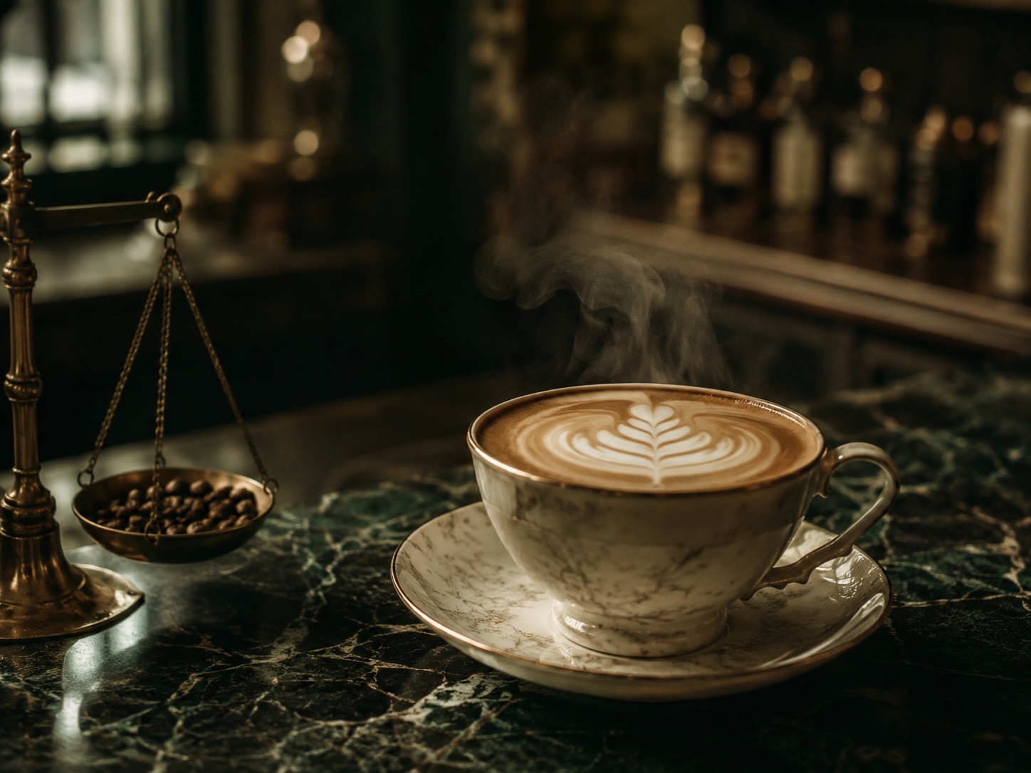 Café latte på kopi luwak-bønner i porcelænskop på grønt marmorbord