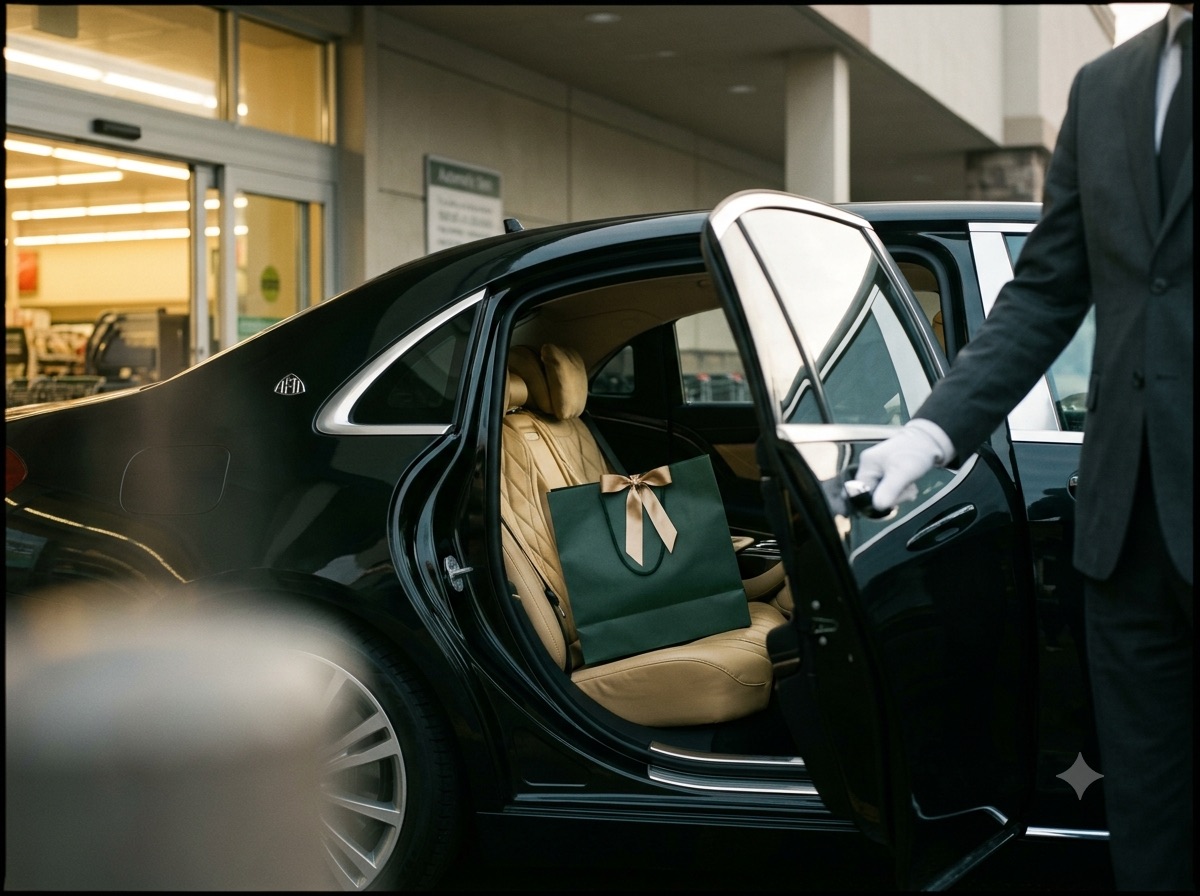 Hvidhandsket privatchauffør holder bagdøren til sort Maybach foran supermarked