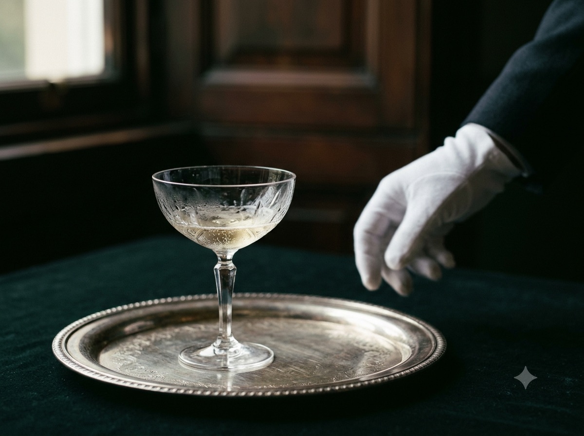 Krystalglas med en enkelt slurk champagne på sølvbakke