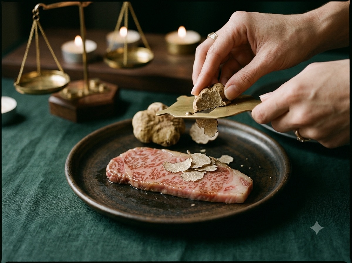 Hvid trøffel høvles over stegt wagyu-bøf i stearinlys