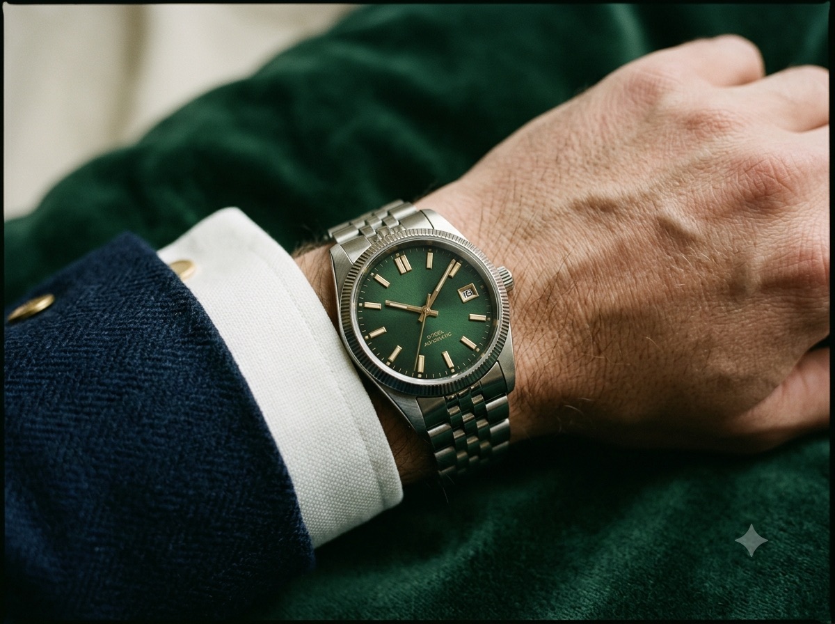 Luksusur på håndled med hvidt skjorteærme og marineblå blazer