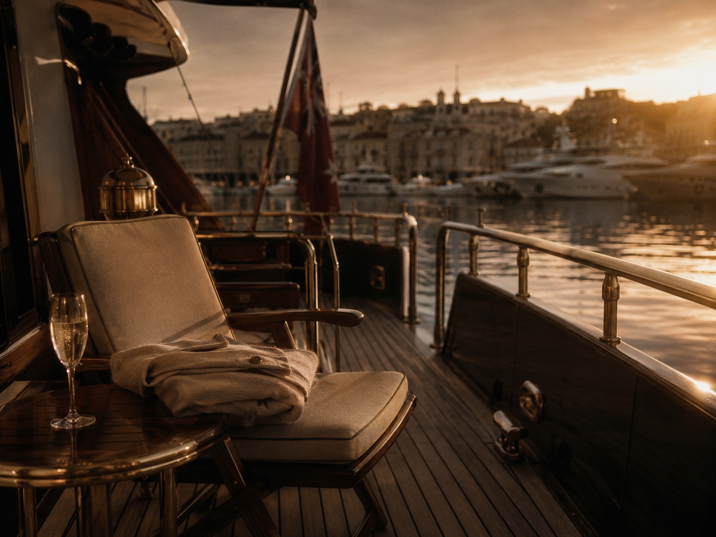 Agterdæk på klassisk motoryacht i havn ved solnedgang